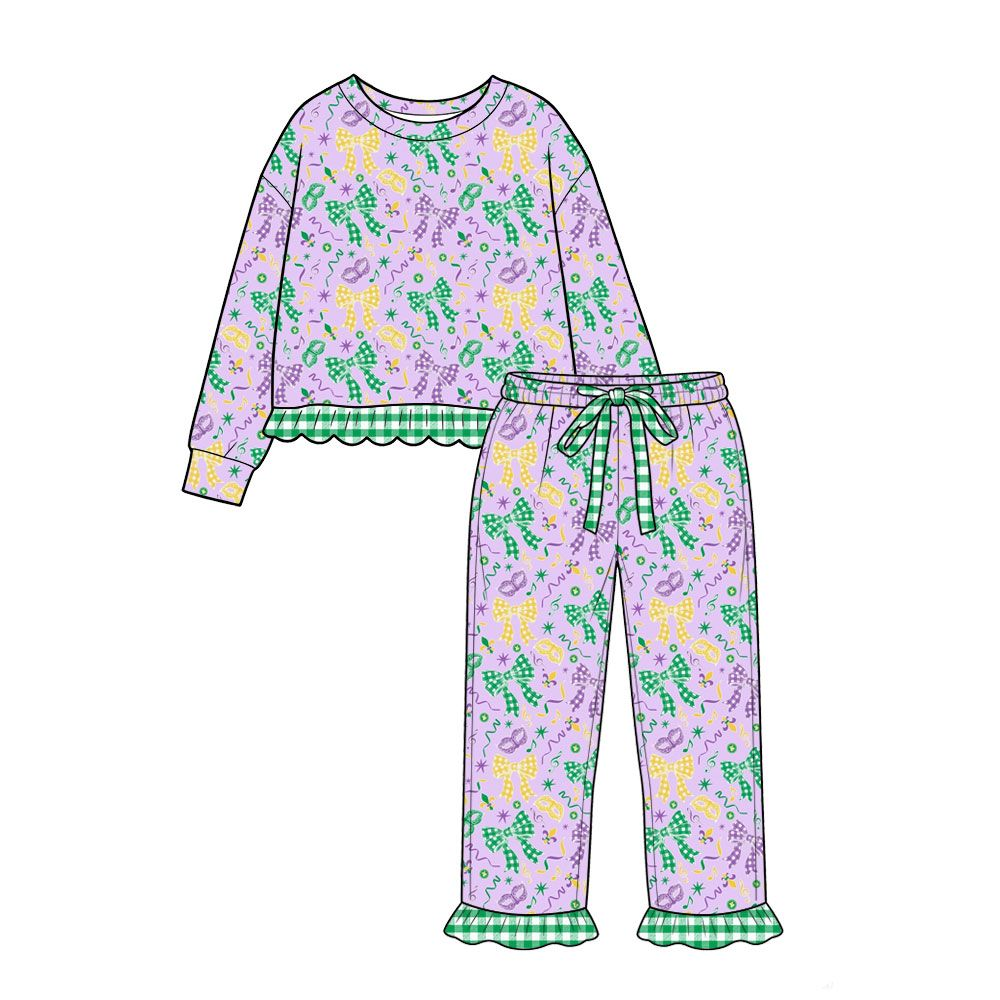 ( Moq 5 ) Preorder Baby Girls Kids Masks Shirt Pockets Pants Set Mardi Gras Clothes