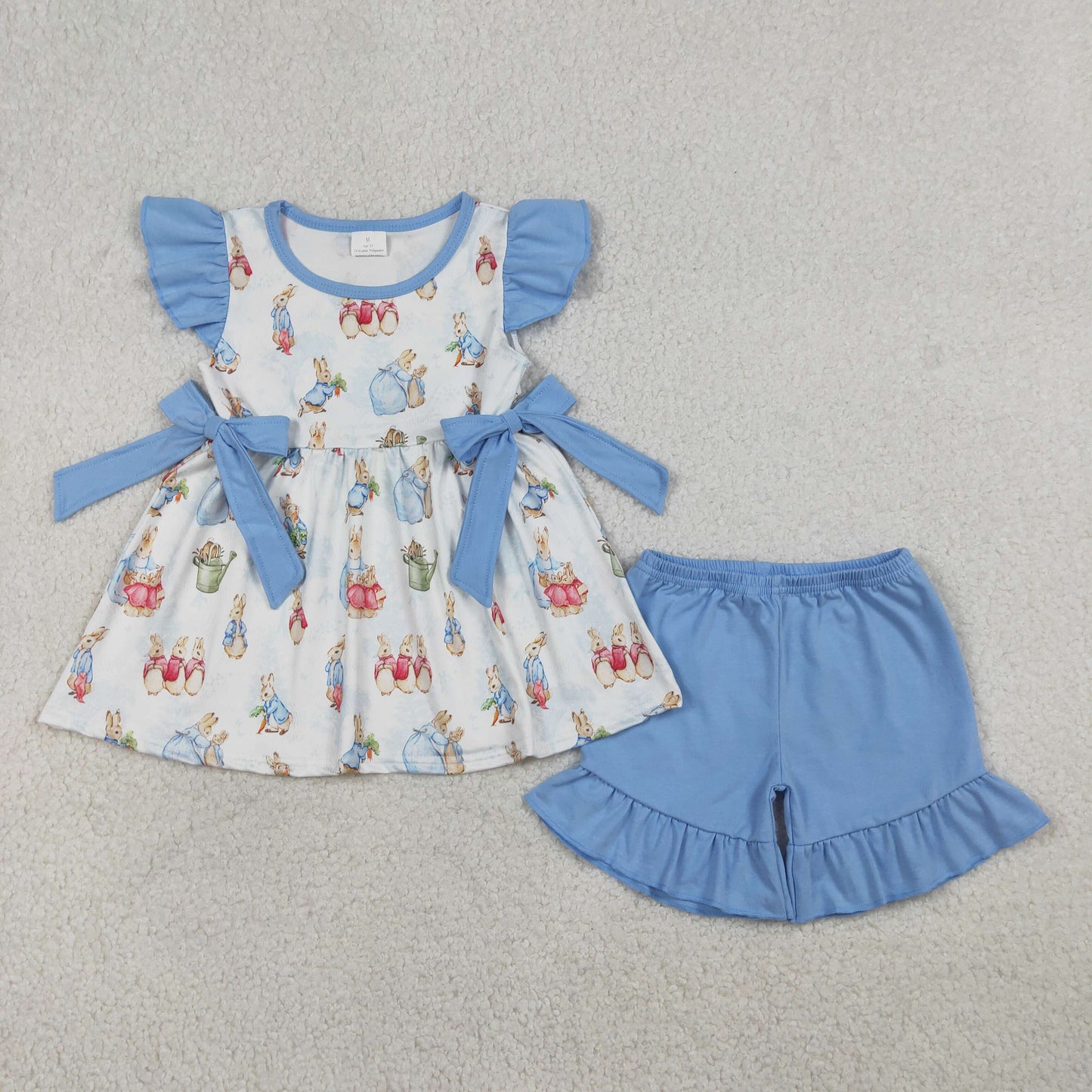 Sibling Baby Girls Short Sleeves Rabbits Blue Bows Easter Bubble Romper Set RTS