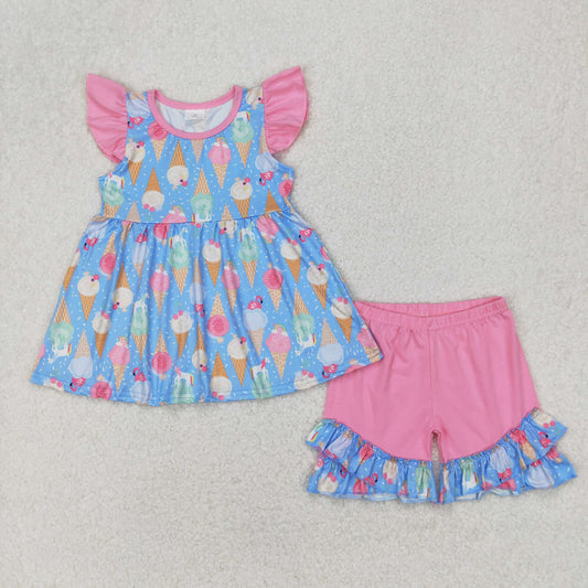 Baby Girl  Short Sleeves Ice Cream Tunic Ruffle Pink Shorts Set RTS