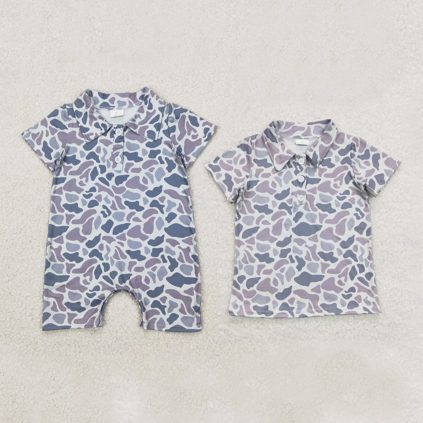 Baby Boy Short Sleeves Grey Camo Buttons Shirt Sibling Tops Romper RTS