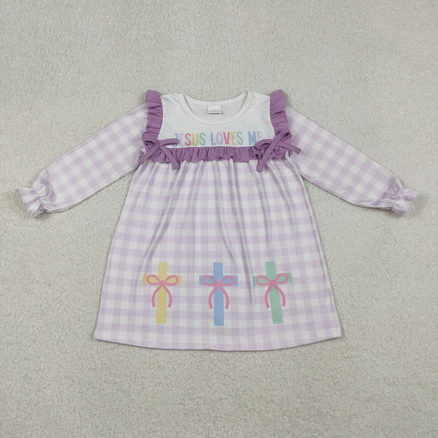 Girls Kids Long Sleeves Jesus Loves Me Purple Plaid Cross Easter Dress RTS