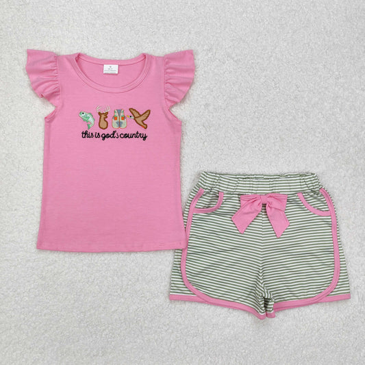 Baby Girl Short Sleeves Embroidery God Country Pink Shirt Stripes Pocket Shorts Clothes Hunting Set