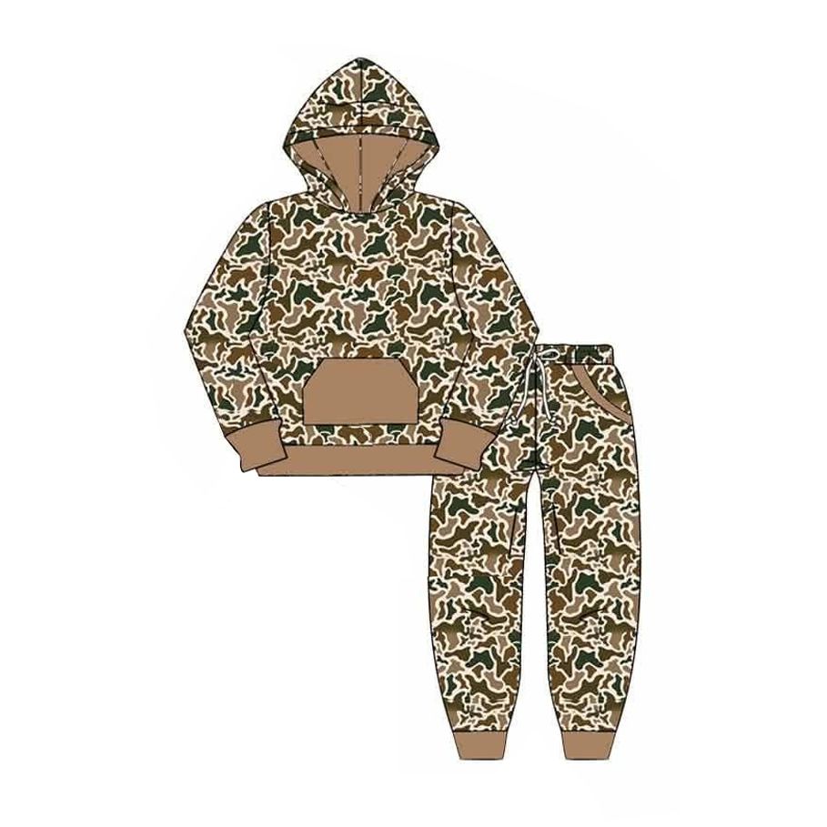 ( Moq 5 ) Preorder Baby Boys Kids Long Sleeves Camo Hoodie Hoodie Shirt Pockets Pants Set Clothes