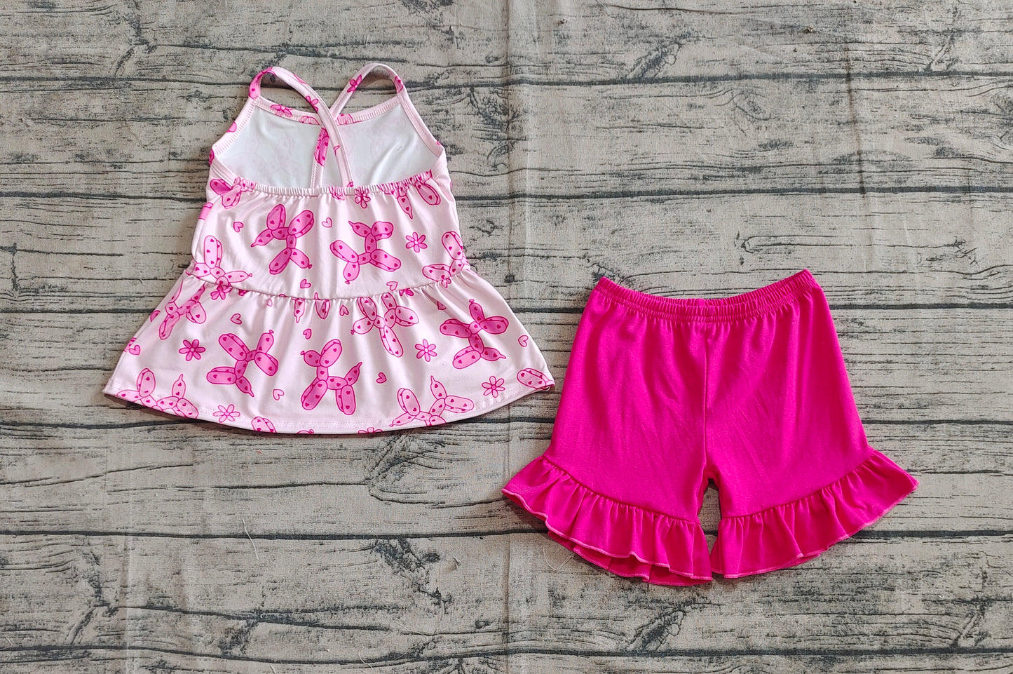 Baby Girl Straps Dogs Balloons Flower Tunic Pink Shorts Clothes Set RTS