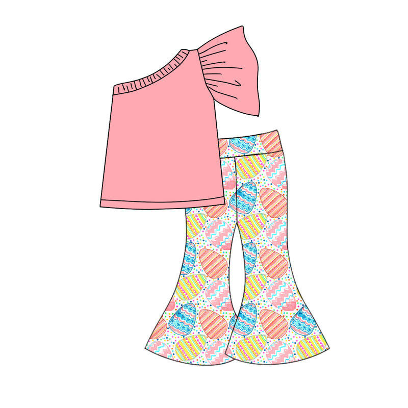Baby Girl One Shoulder Pink Tops Easter Eggs Bell Pants Set Moq 5