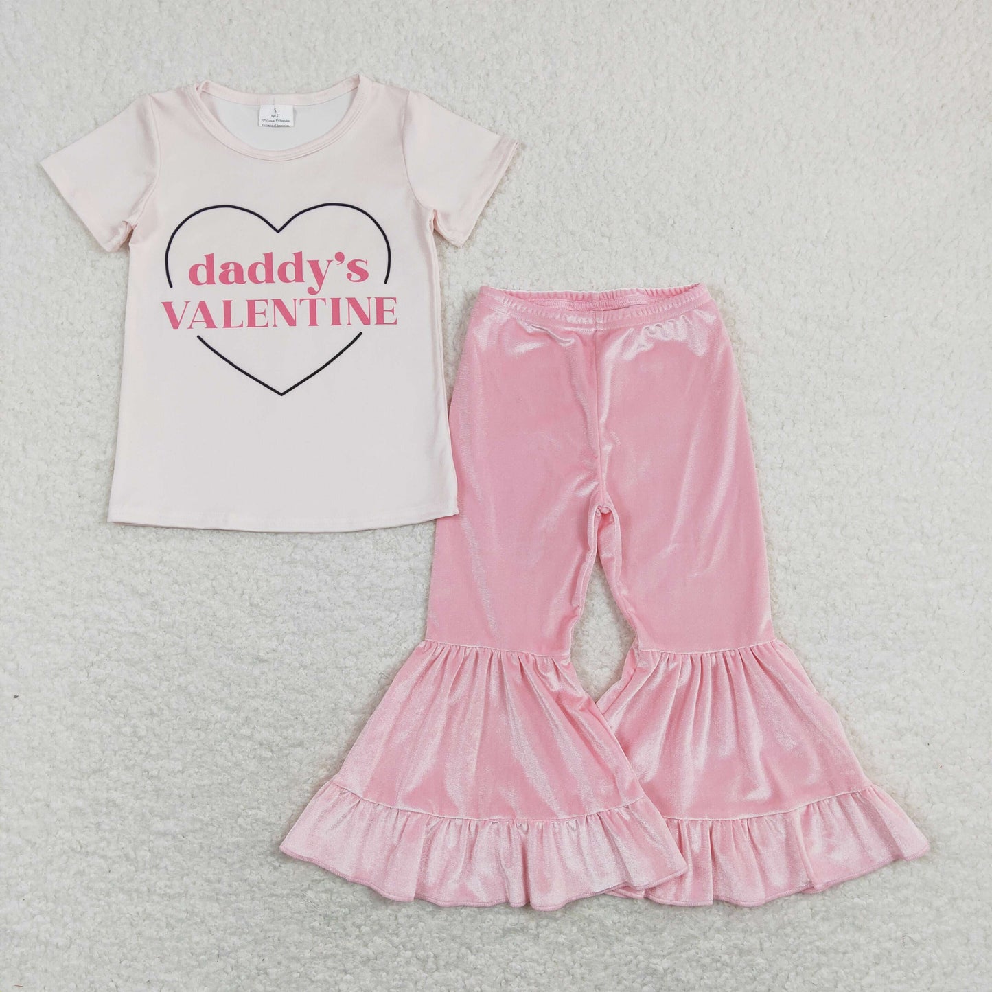 GSPO1397 Baby Girl Short Sleeves Daddy's Valentine Shirt Pink Velvet Bell Pants Set