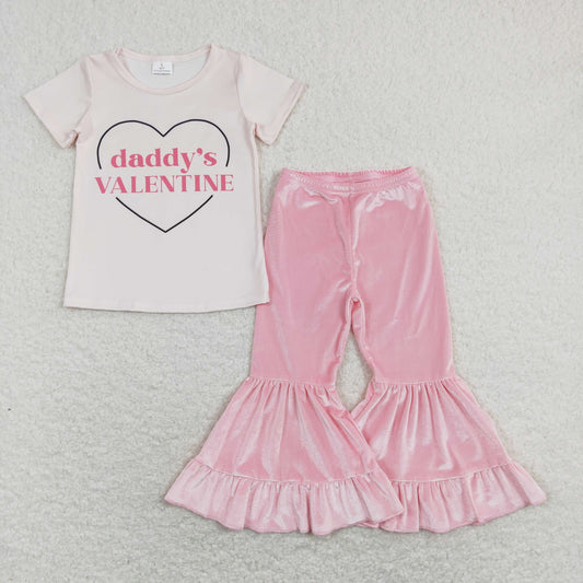 GSPO1397 Baby Girl Short Sleeves Daddy's Valentine Shirt Pink Velvet Bell Pants Set