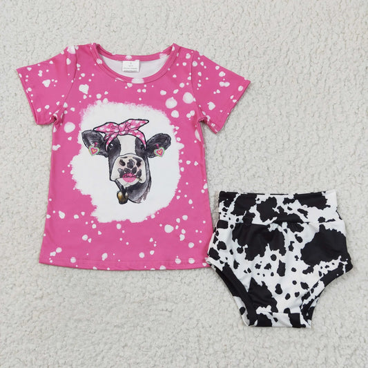 Promotion Baby Girl Short Sleeves Cow Pink Bummie Western Outfit RTS