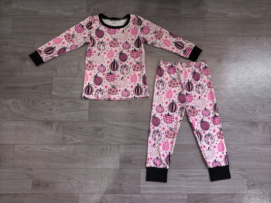 ( No moq ) Preorder Baby Girls Kids Long Sleeves Pink Pumpkins Flower Shirt Pants Pajamas Set Fall Clothes