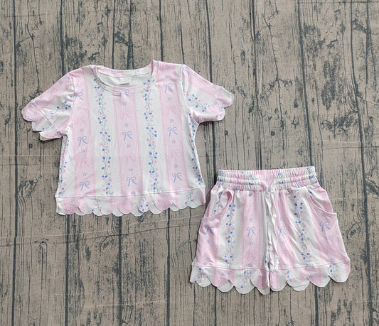 Baby Girls Kids Short Sleeves Floral Bows Pink Shirt Scallop Shorts Summer Set RTS