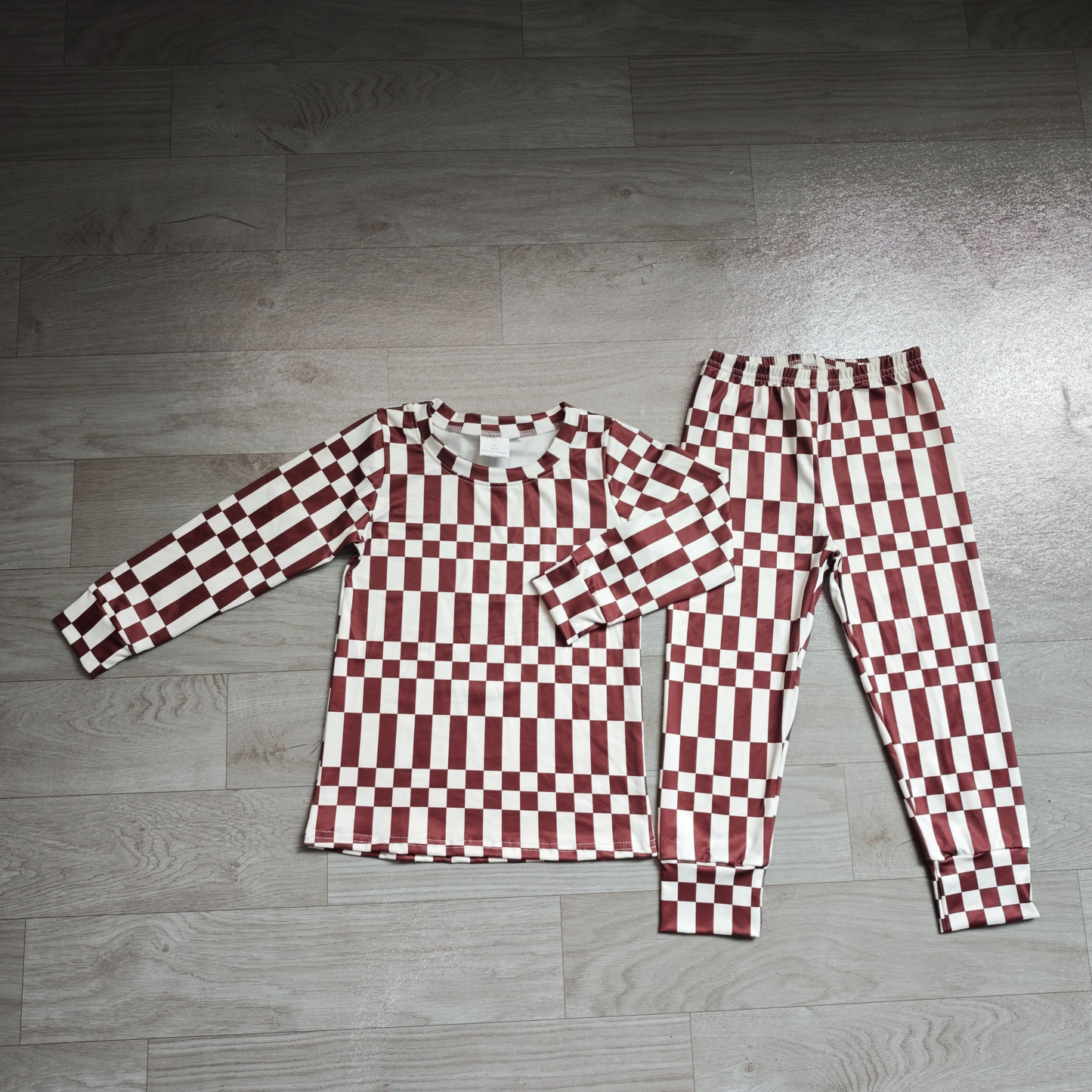 ( No moq ) Preorder Baby Boys Kids Long Sleeves Brown White Plaid Shirt Pants Set Pajamas Clothes