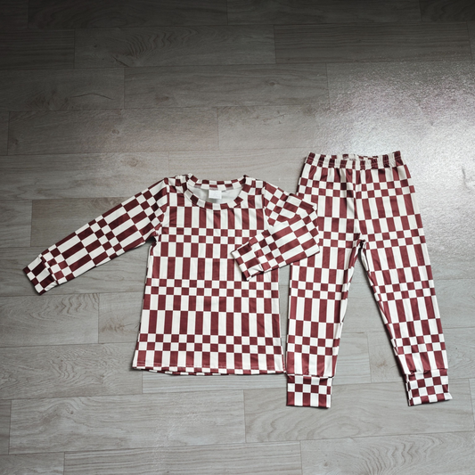 ( No moq ) Preorder Baby Boys Kids Long Sleeves Brown White Plaid Shirt Pants Set Pajamas Clothes