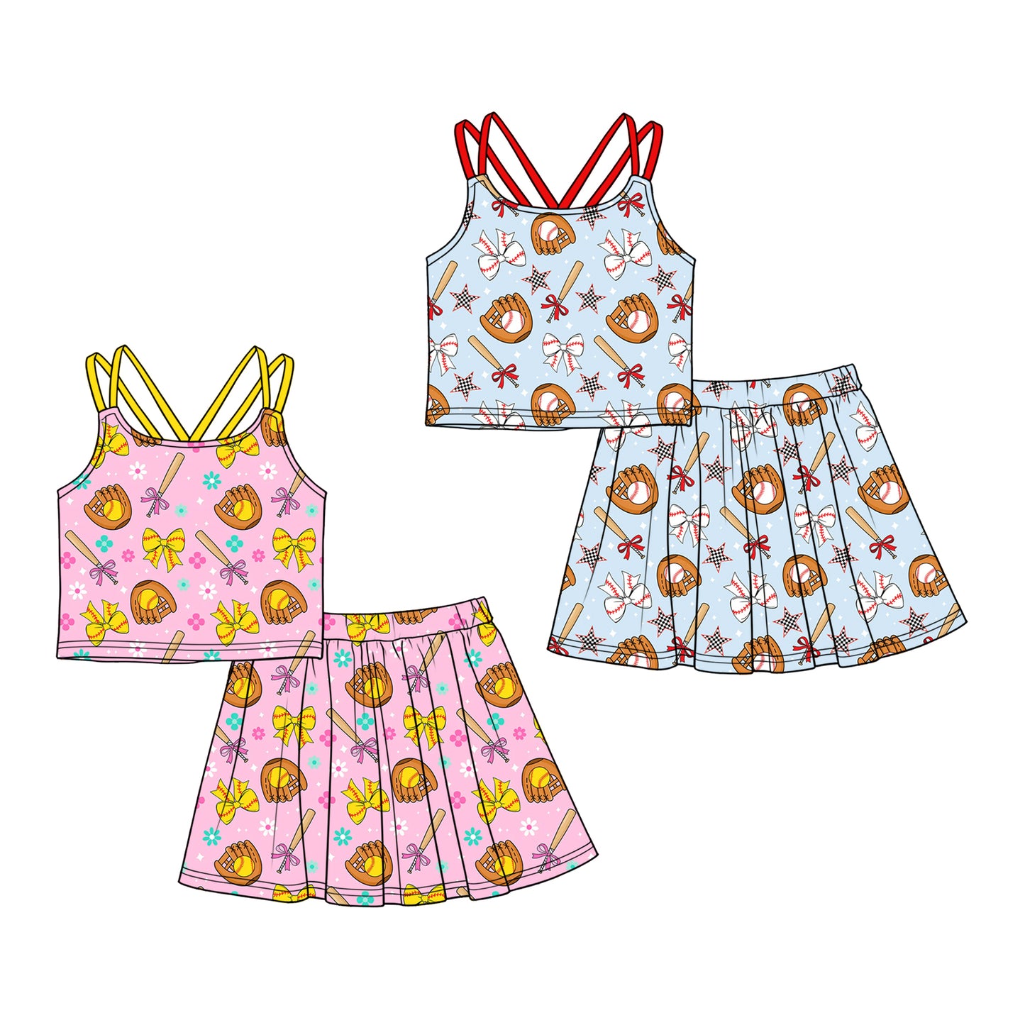 ( Moq 5 Each Style ) Sibling Baby Girls Kids Straps Baseball Softball Shirts Skirts Shorts Sets