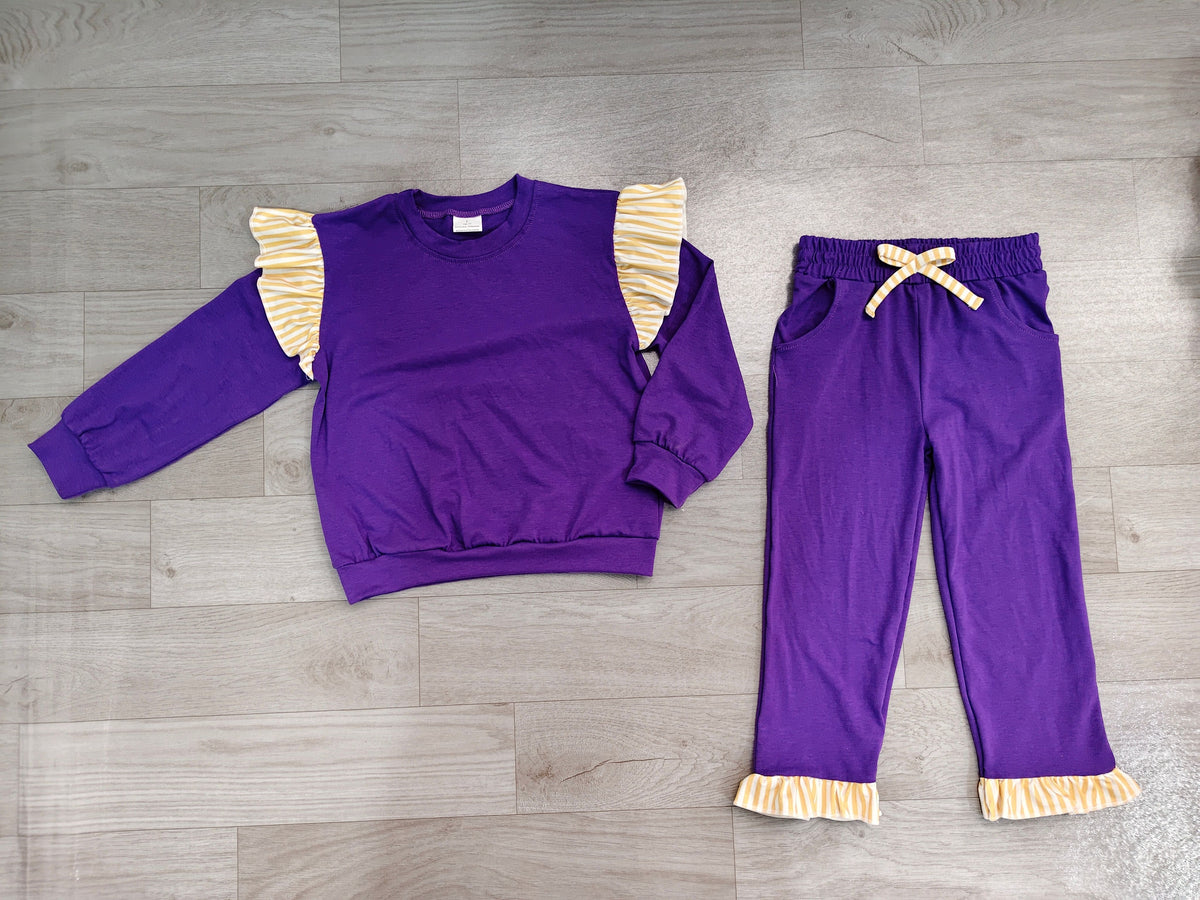 ( No moq ) Preorder Baby Girls Kids Long Sleeves Ruffle Tops Pockets Pants Cotton Set Purple Clothes