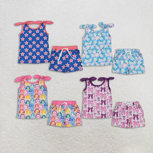 Baby Girl Straps Flower Stars Bows Shirt Pockets Shorts Sibling Set RTS