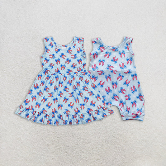 Baby Girl Infant Sleeveless 4th Of July Bows Blue Sibling Romper Dress RTS