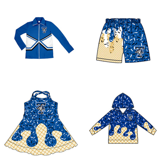 ( Moq 5 each style ) Baby Boy Girl Summer Team Sibling Blue Drip Bows Shorts Shirt Dress Set 7.25