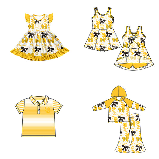 ( Moq 5 each style ) Baby Boy Girl Toddler Team Bows Yellow Sibling Shirt Dress Set 6.17