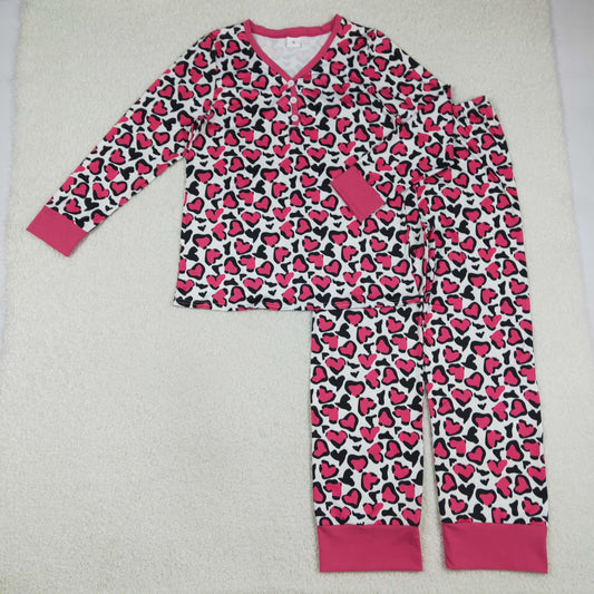 Adult Women Long Sleeves Hearts Leopard Shirt Pants Valentines Pajamas Set RTS