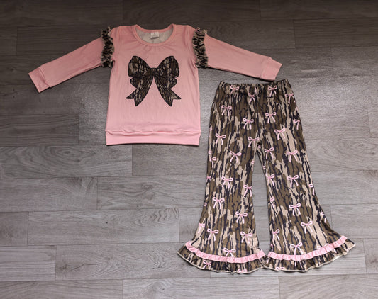 ( No moq ) Preorder Baby Girls Kids Long Sleeves Pink Shirt Bows Camo Pants Set Clothes