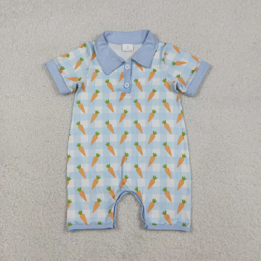 Baby Boys Infant Short Sleeves Carrots Blue Plaid Easter Buttons Romper RTS