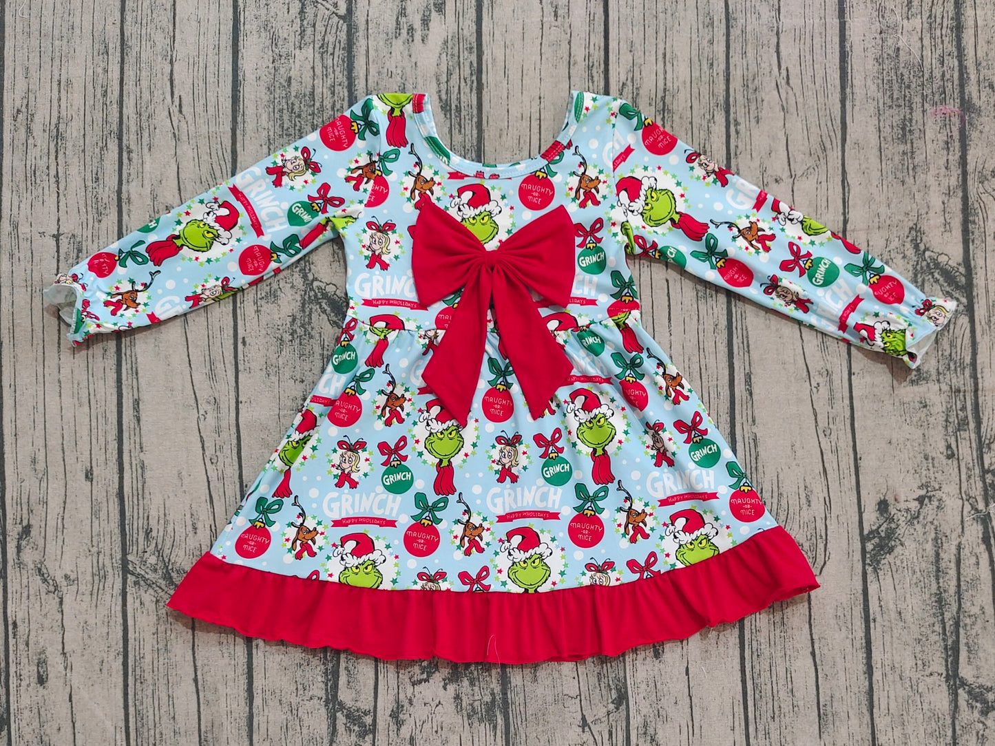 Baby Girl Long Sleeves Green Face Christmas Bow Ruffle Knee Length Dress RTS