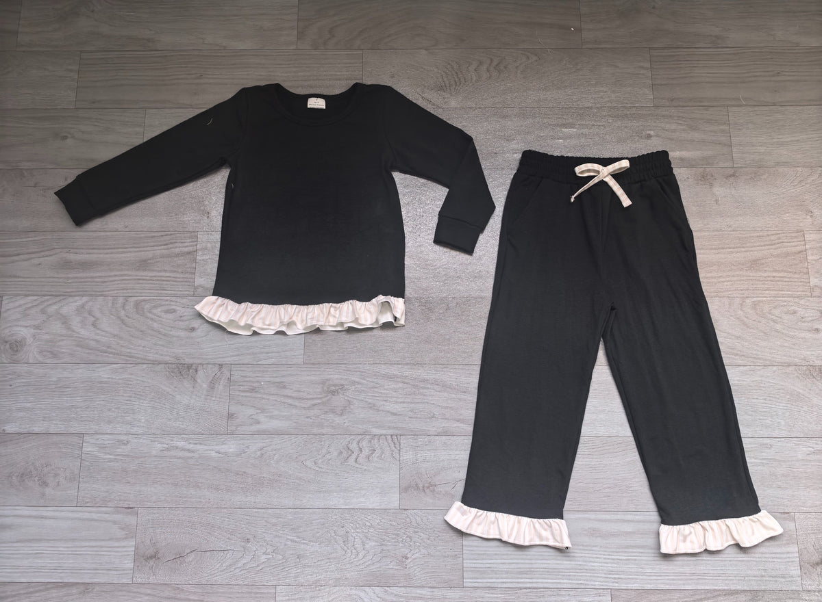 ( No moq ) Preorder Baby Girls Kids Long Sleeves Shirt Pockets Pants Black Set Sweatsuit Clothes