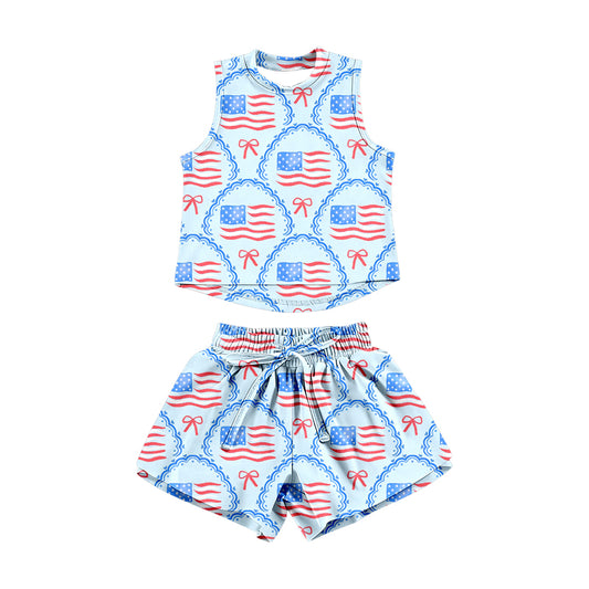 ( Moq 5 ) Preorder Baby Girls Kids Sleeveless Bows Flags Tops Shorts Set 4th of July Clothes