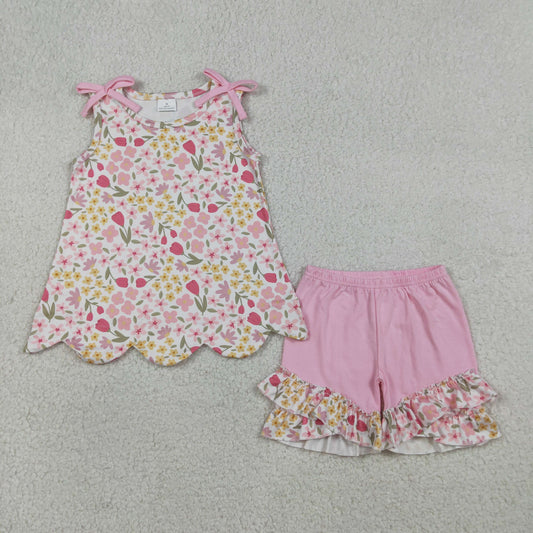 Baby Girls Kids Pink Bows Floral Scallop Tops Ruffle Shorts Summer Set RTS