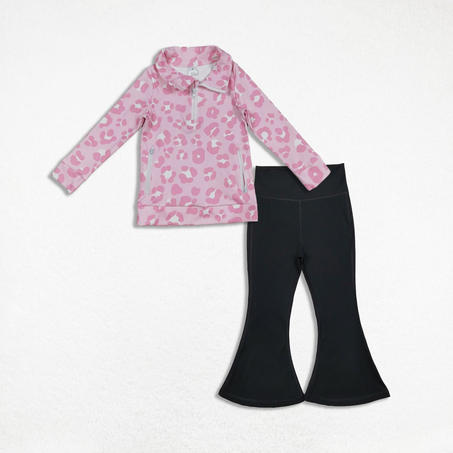 Kids Girls Long Sleeves Leopard Zipper Pockets Cardigan Black Pants Yoga Active Set RTS