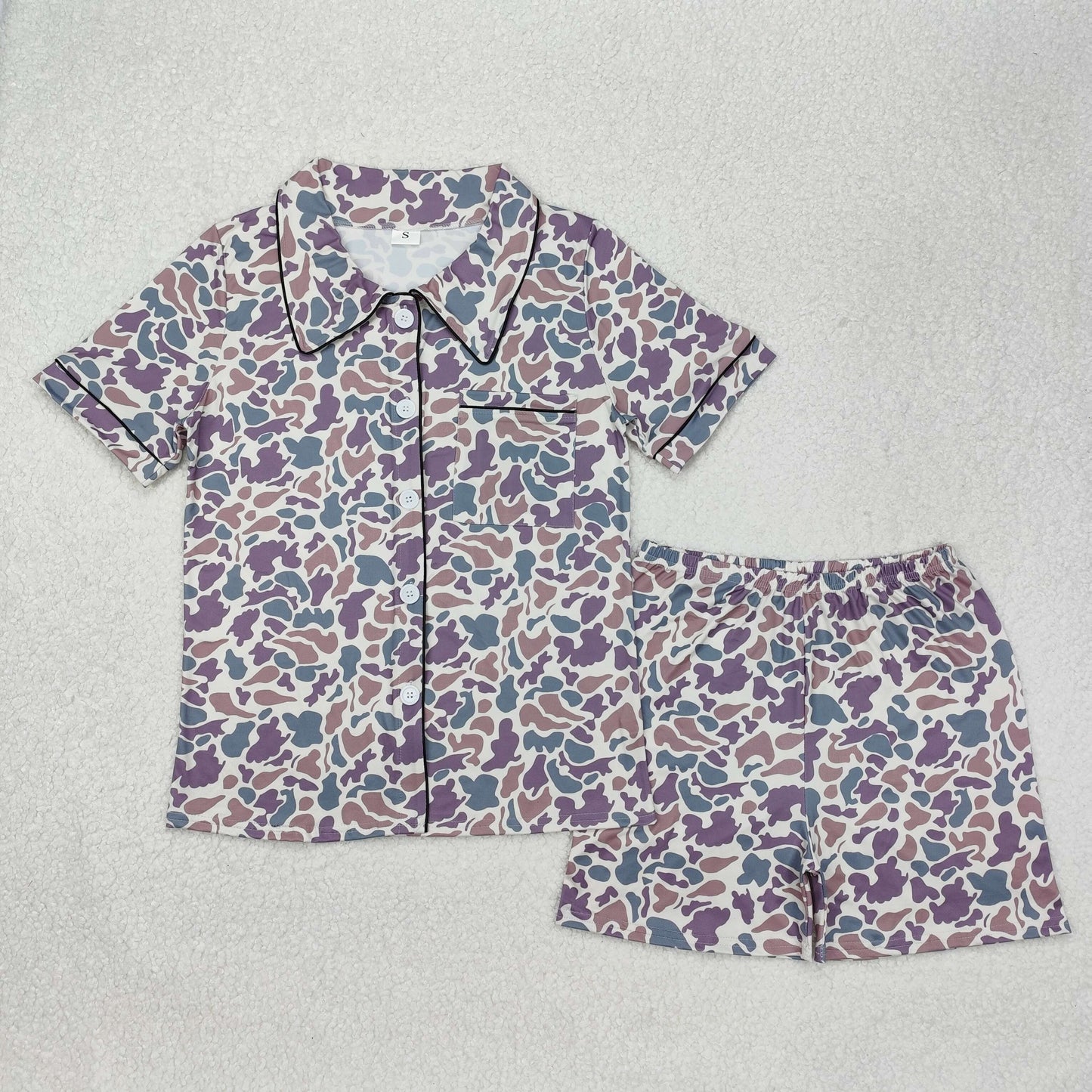 Adult Women Short Sleeves Camo Buttons Tops Shorts Pajamas Set