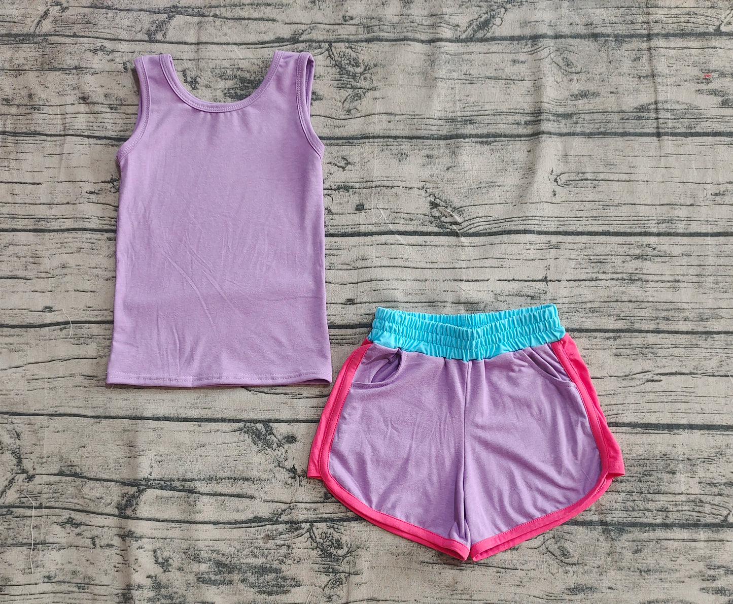 Baby Girl Sleeveless Purple Shirt Pockets Shorts Yoga Active Wear Set RTS
