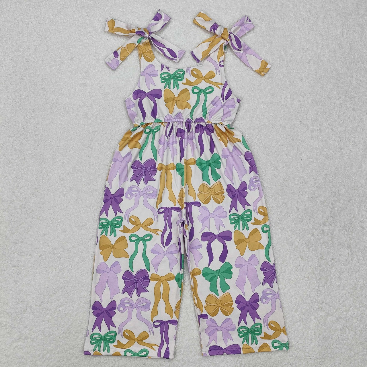 Sibling Girls Kids Colorful Bows Purple Ruffle Mardi Gras Jumpsuit Dress Set RTS