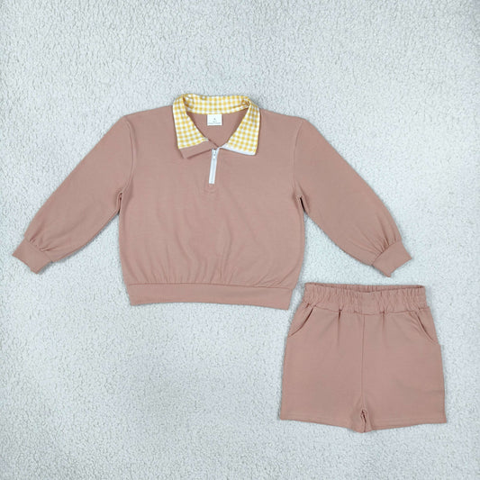 Baby Girls Kids Long Sleeves Zipper Pullover Pockets Shorts Brown Set Cotton Clothes RTS