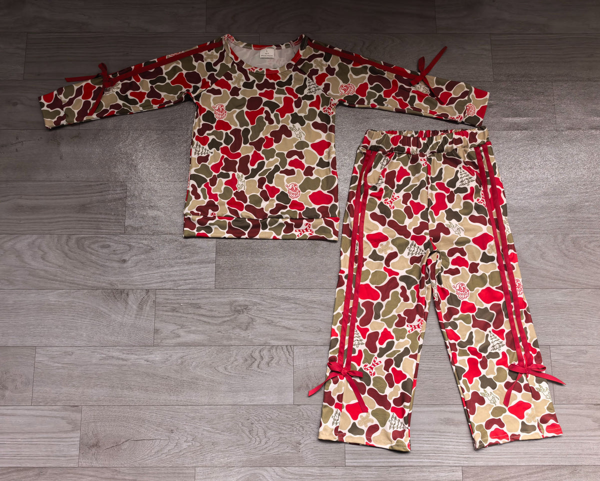 ( No moq ) Preorder Baby Girls Kids Christmas Camo Red Bows Shirt Pockets Pants Set Clothes