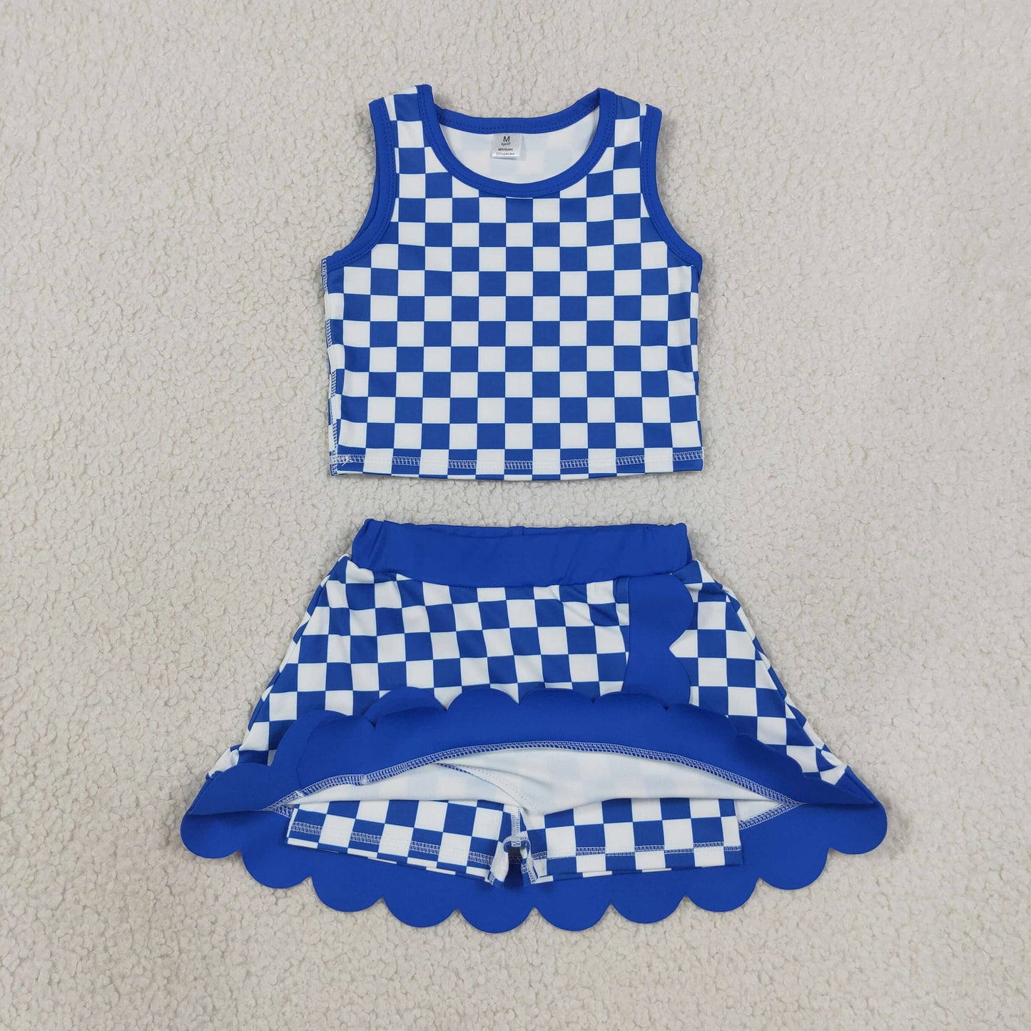 Baby Girls Kids Sleeveless Blue Checked Shirt Scallop Skirt Shorts Yoga Active Set Clothes RTS