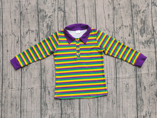 Baby Boys Kids Long Sleeves Mardi Gras Strips Polo Pullover Shirt Tops RTS