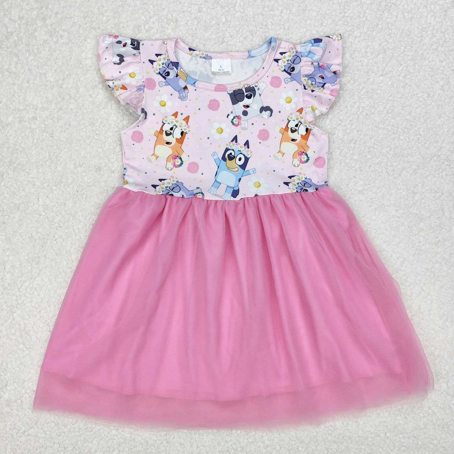Baby Girl Short Sleeves Dogs Flower Pink Tulle Knee Length Dress RTS