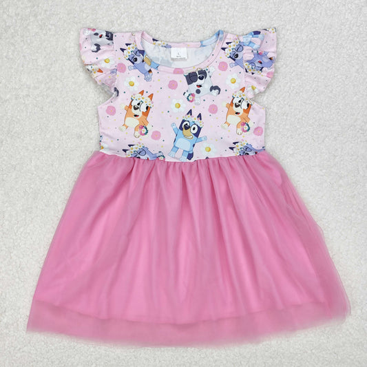 Baby Girl Short Sleeves Dogs Flower Pink Tulle Knee Length Dress RTS