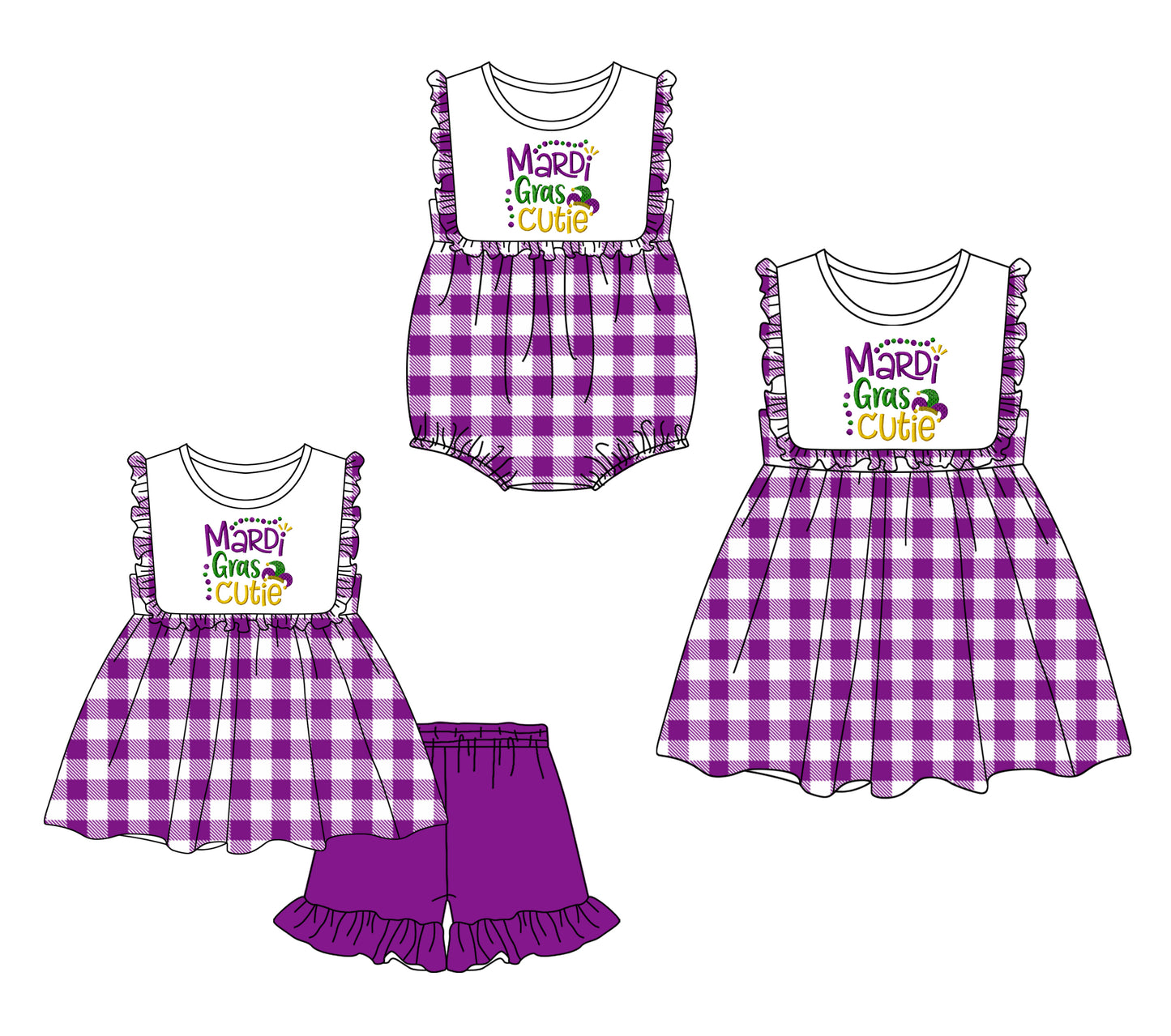 Baby Girl Short Sleeves Mardi Gras Purple Checked Sibling Romper Dress Clothes Set ( Moq 5 Each Design )12.6
