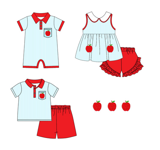 Baby Boy Girl Back To School Apple Sibling Romper Clothes Set ( Moq 5 Each Design )11.22