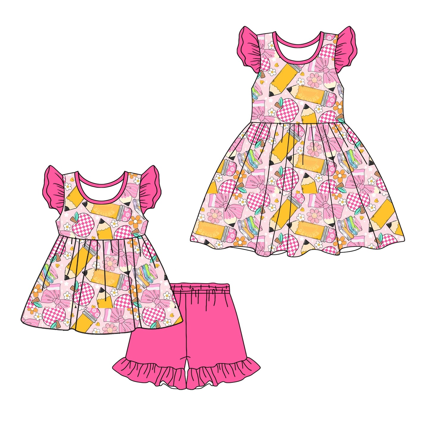 Baby Girl Pencil Apple Bows Back To School Sibling Dress Set ( Moq 5 Each Style ) 1.23