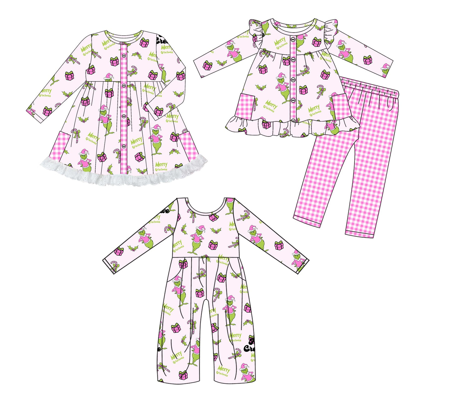 ( Moq 5 Each Style ) Baby Girl Toddler Green Face Christmas Sibling Pink Jumpsuit Dress Set