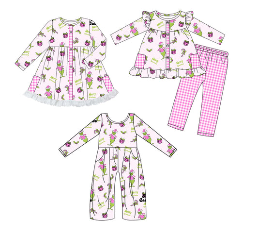 ( Moq 5 Each Style ) Baby Girl Toddler Green Face Christmas Sibling Pink Jumpsuit Dress Set