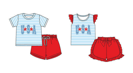 Baby Boy Girl Short Sleeves July 4th Stars Blue Stripes Sibling Set ( Moq 5 Each Style ) 2.8