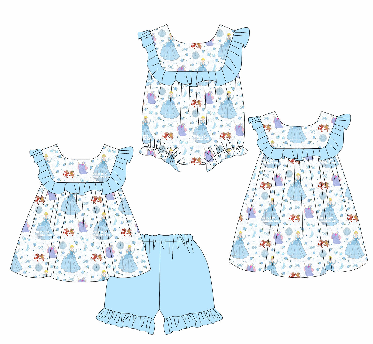 Baby Girl Princess Blue Ruffle Sibling Romper Dress Set ( Moq 5 Each Style ) 1.24