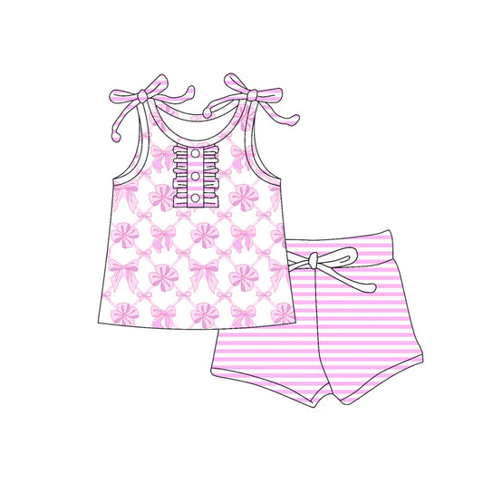 Baby Girl Straps Buttons Bows Plaid Tunic Pink Stripe Shorts Set ( Moq 5 )