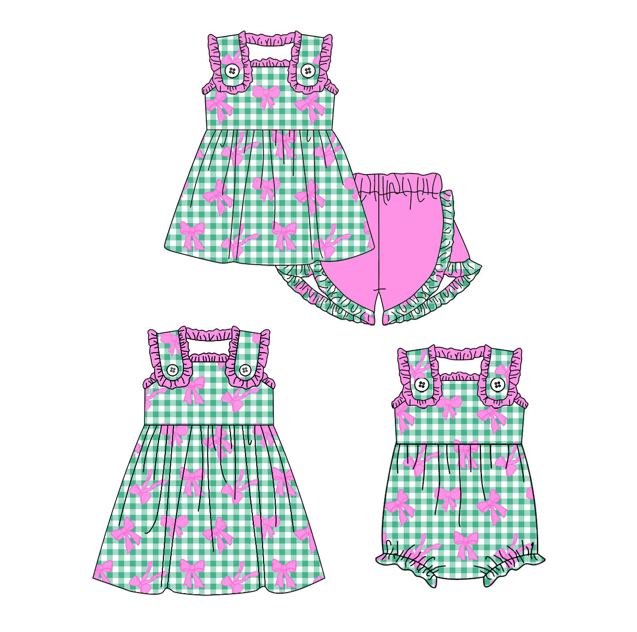 Baby Girl Green Checked Bows Sibling Romper Dress Set ( Moq 5 Each Style ) 4.2