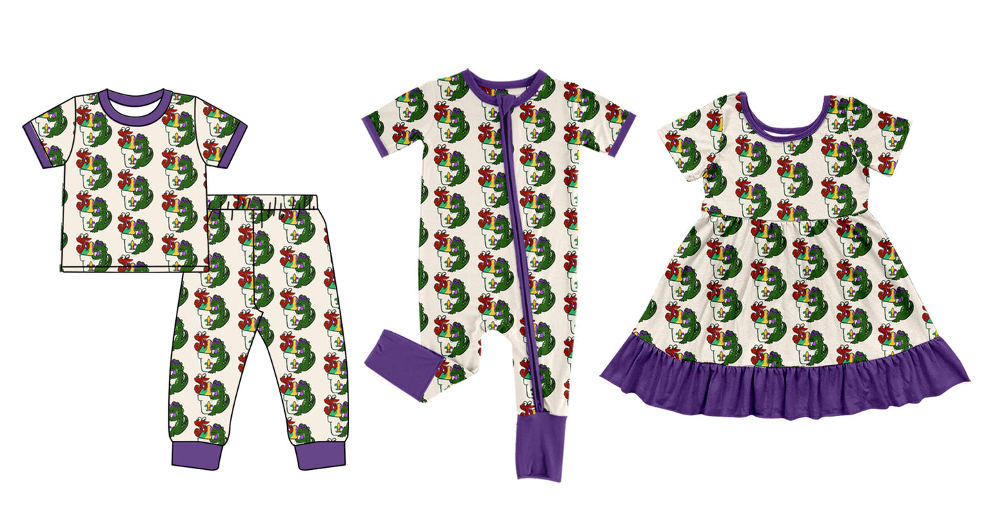Baby Girl Mardi Gras Dinosaurs Sibling Dress Romper Set ( Moq 5 Each Design ) 12.9