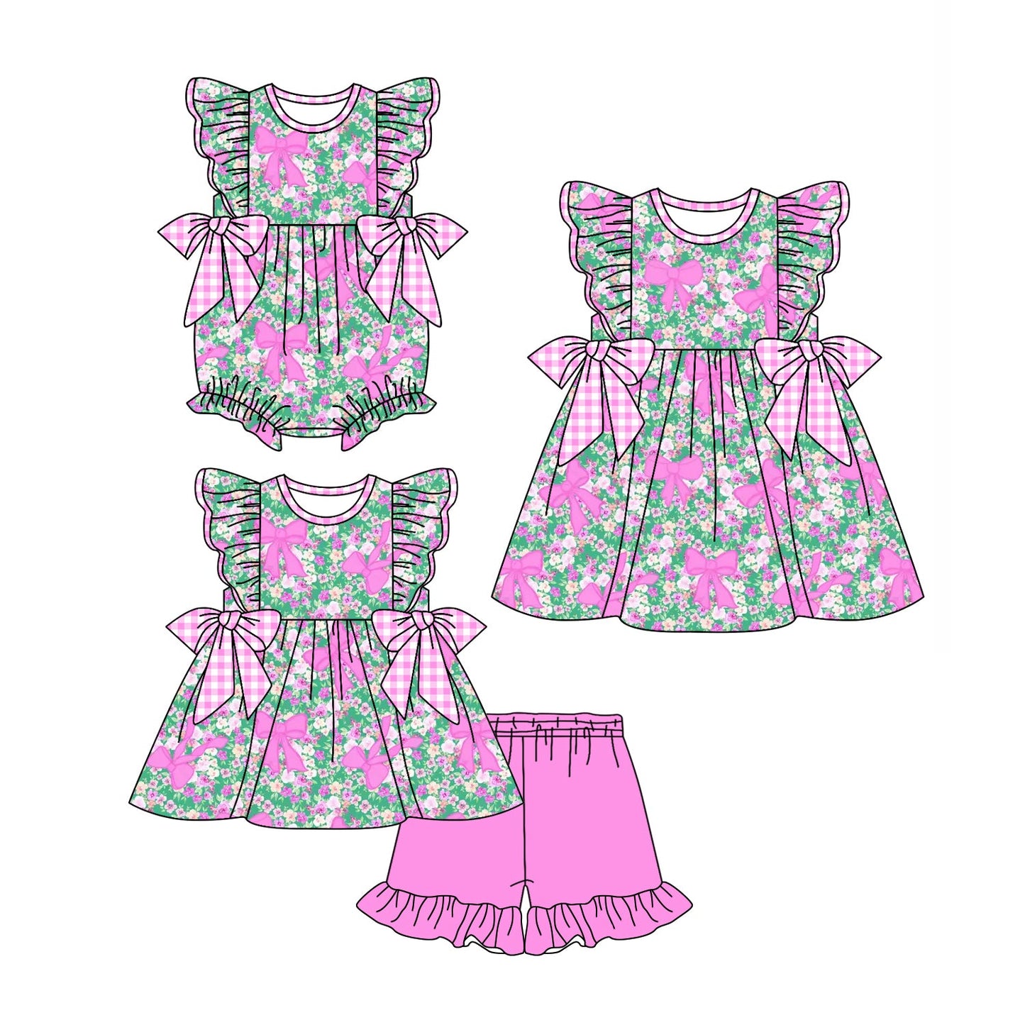 Baby Girl Short Sleeves Flower Bows Sibling Romper Dress Set ( Moq 5 Each Style ) 4.1